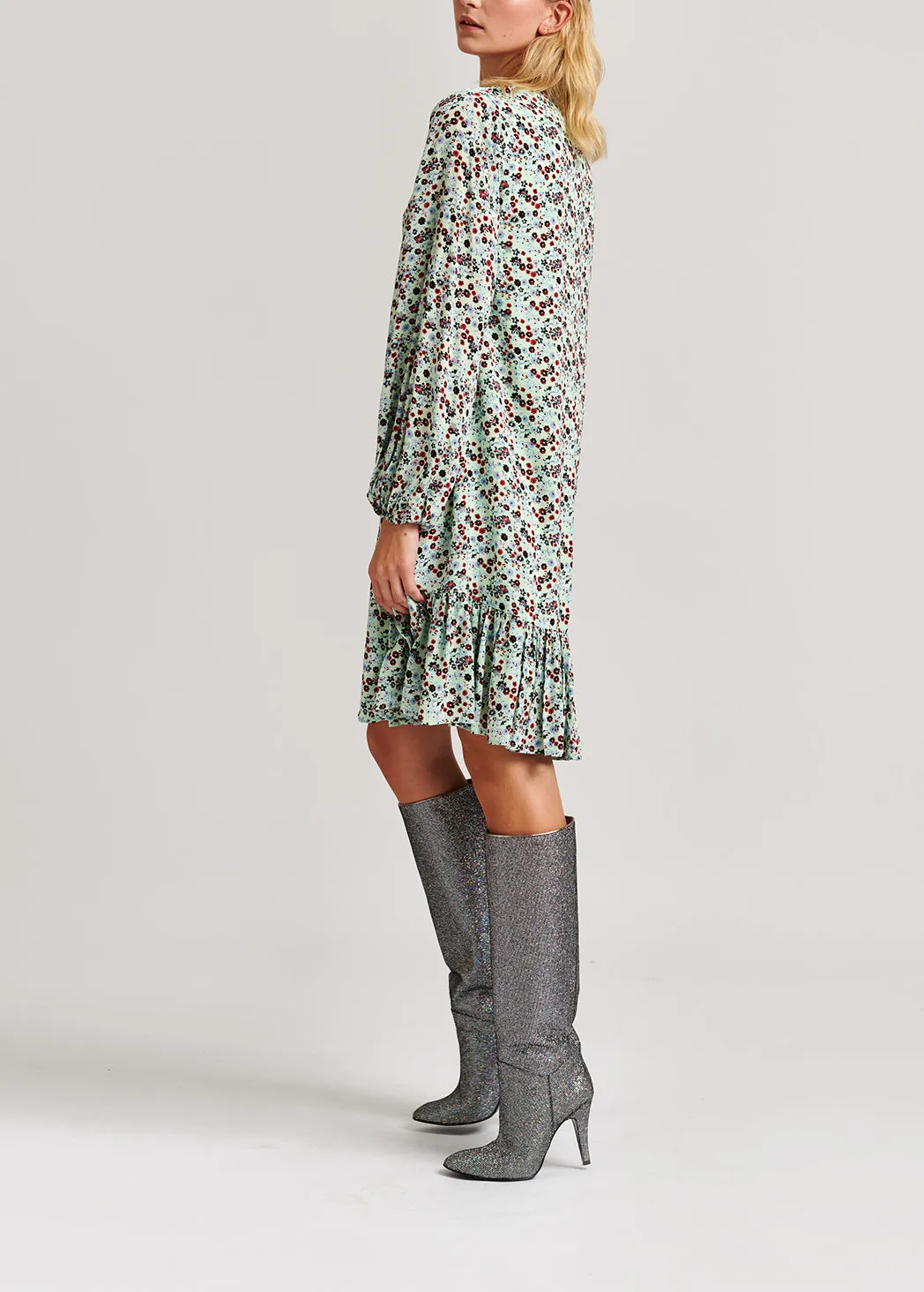 Mint green floral-print wrap mini dress