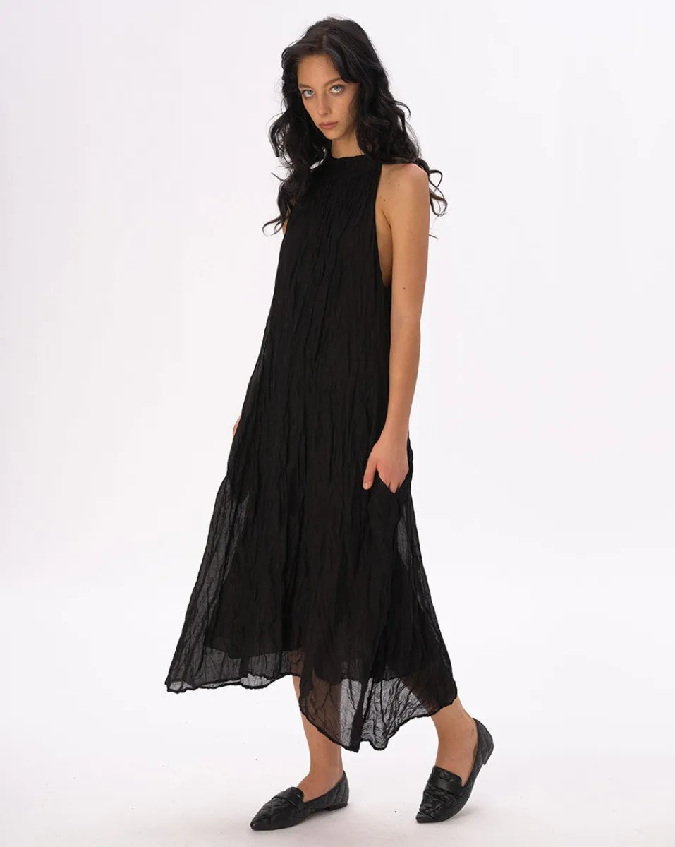 Mock Neck Crinkled Cotton Linen Tank Dress