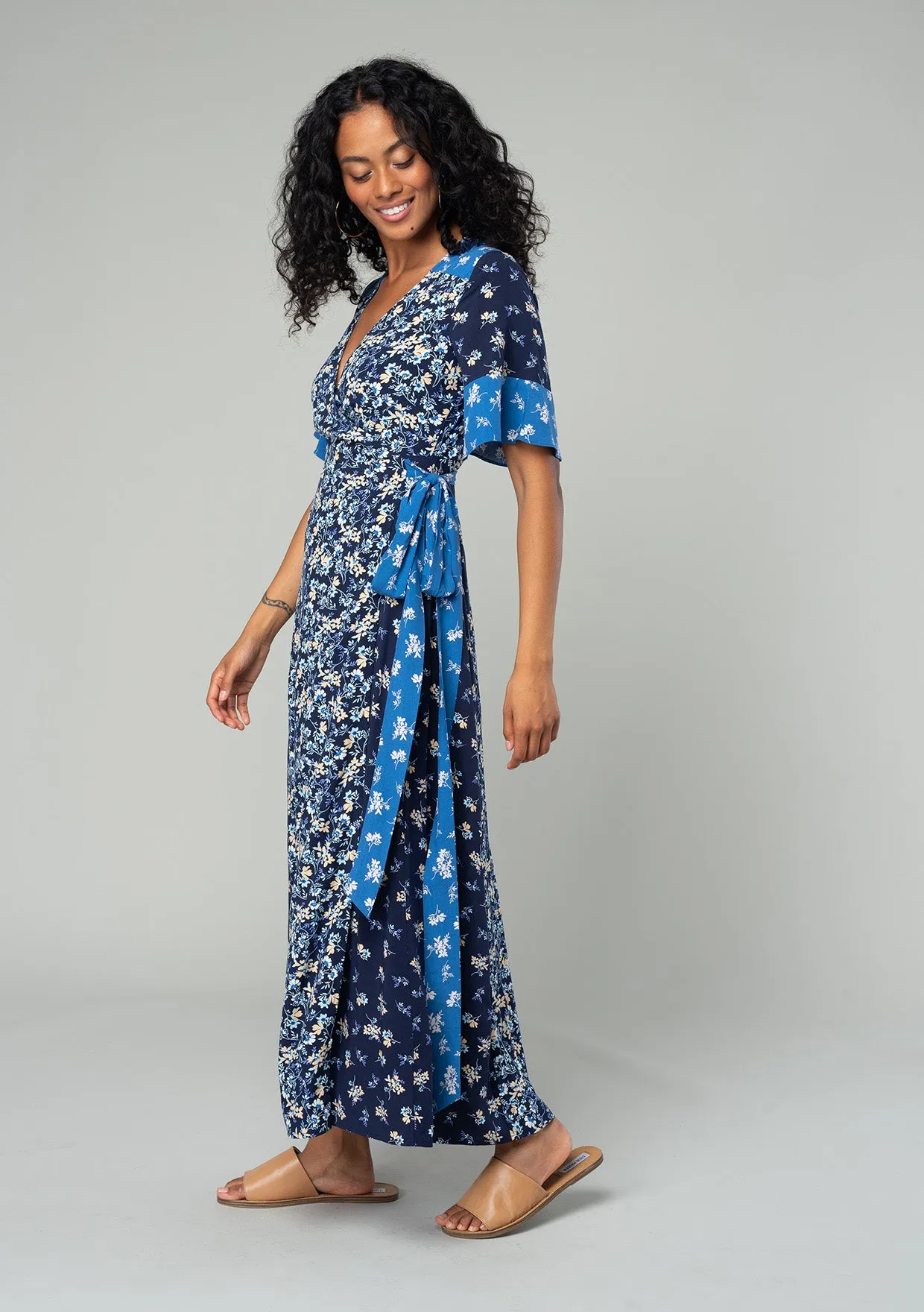 Multi Floral Short Sleeve Wrap Maxi Dress