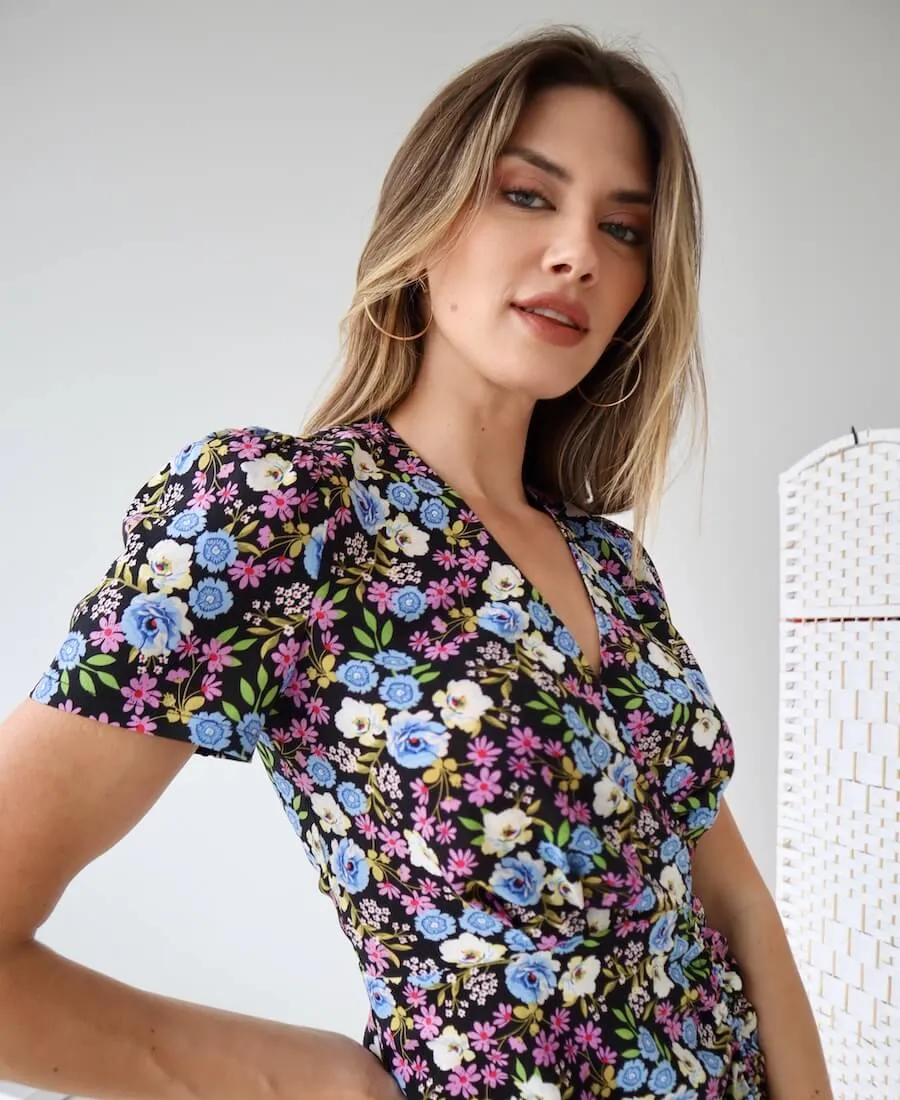Multicoloured Floral Wrap Midi Dress