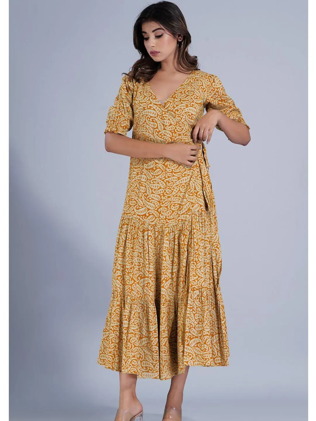 Mustard Angrakha Wrap Dress with Two Tiers