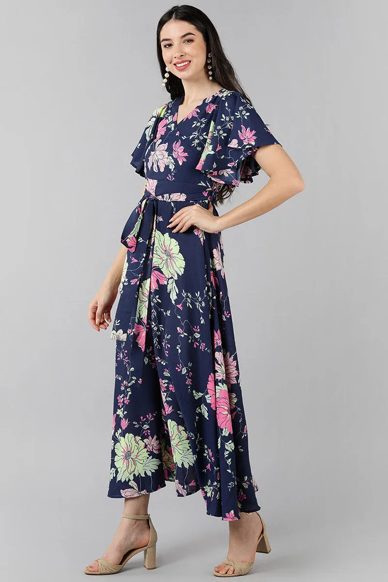Navy Blue Georgette Floral Printed Wrap-Style Maxi Dress