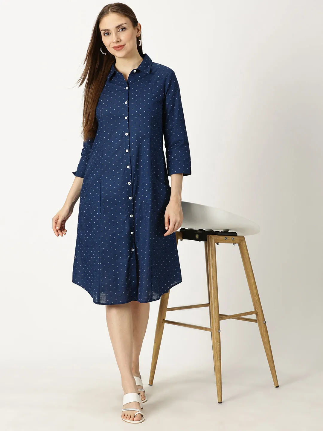 Navy Blue Printed Midi Shirt Dress