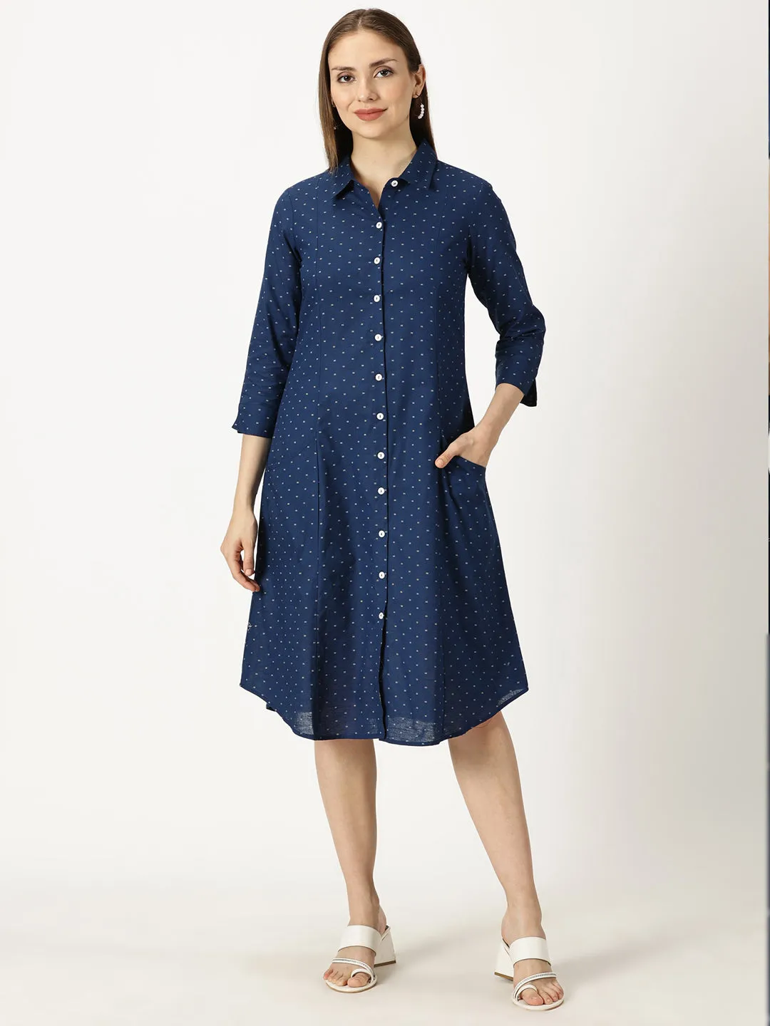 Navy Blue Printed Midi Shirt Dress