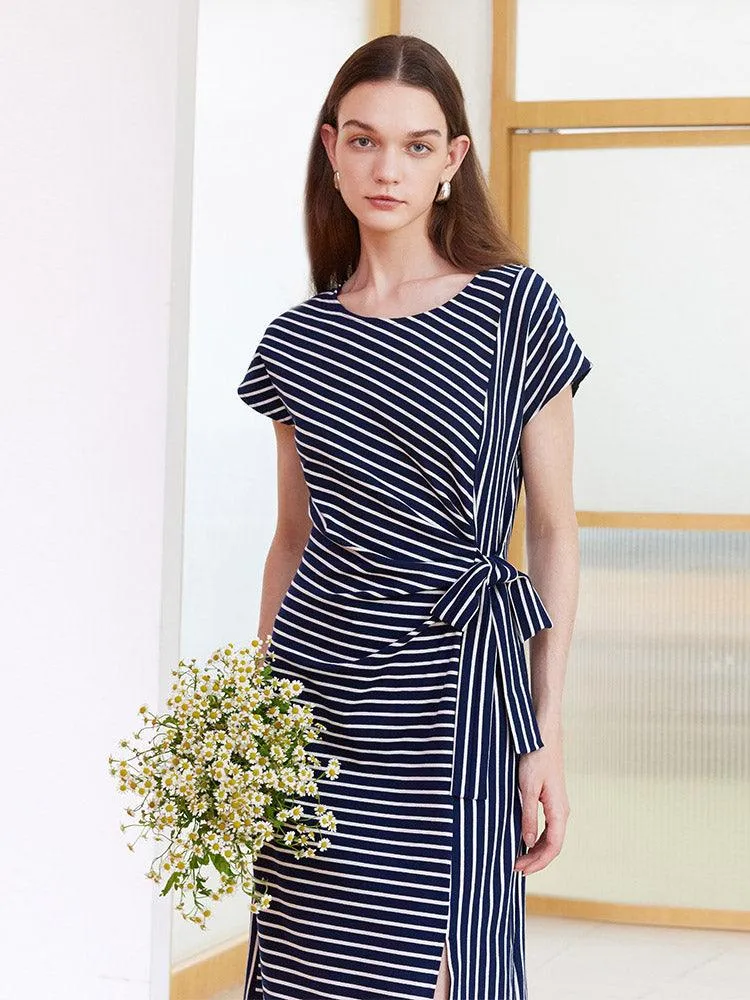 Navy Blue Stripe Wrap Dress