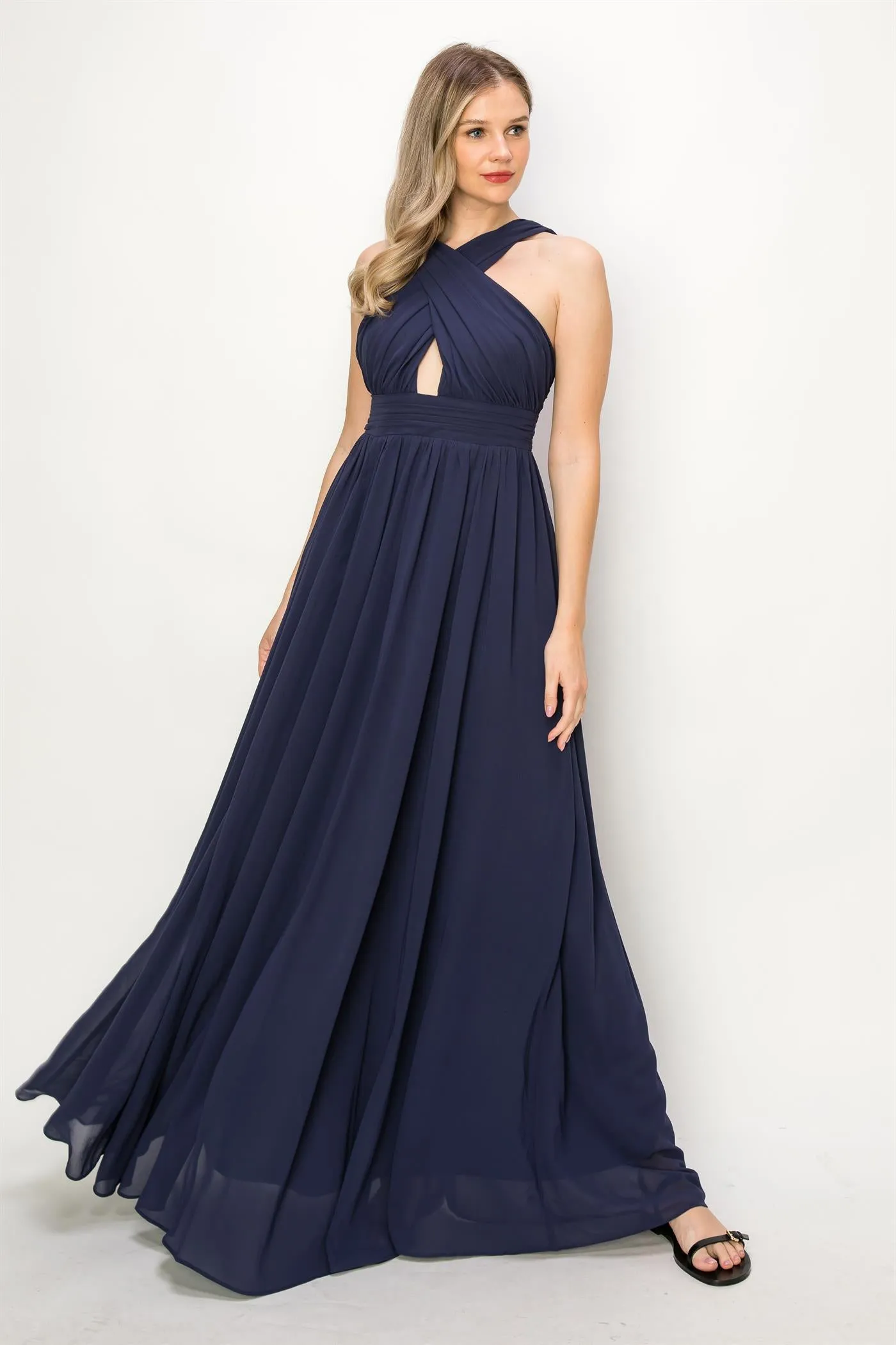 Navy criss cross waistline zipper back dress OL24A115