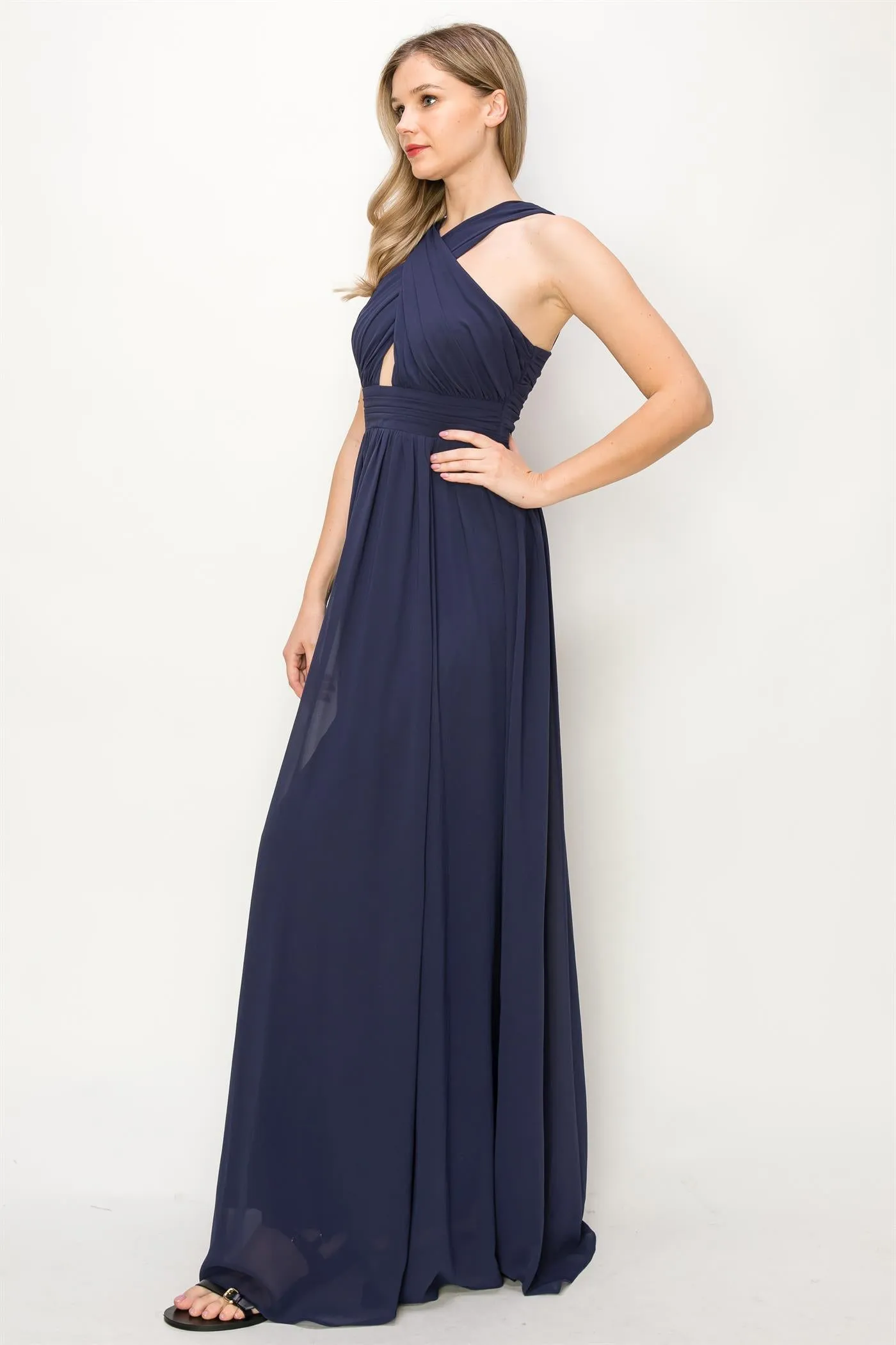 Navy criss cross waistline zipper back dress OL24A115