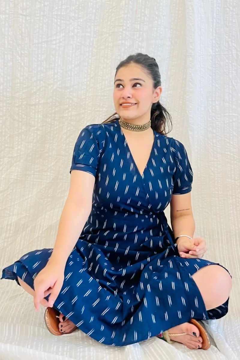 Navy Ikat Wrap Dress