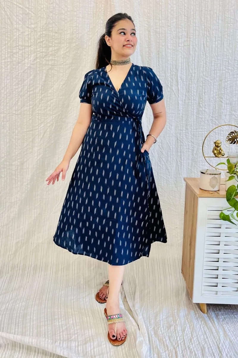 Navy Ikat Wrap Dress