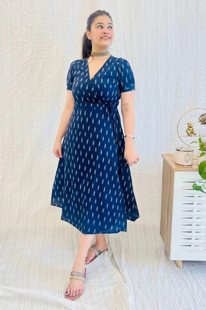Navy Ikat Wrap Dress