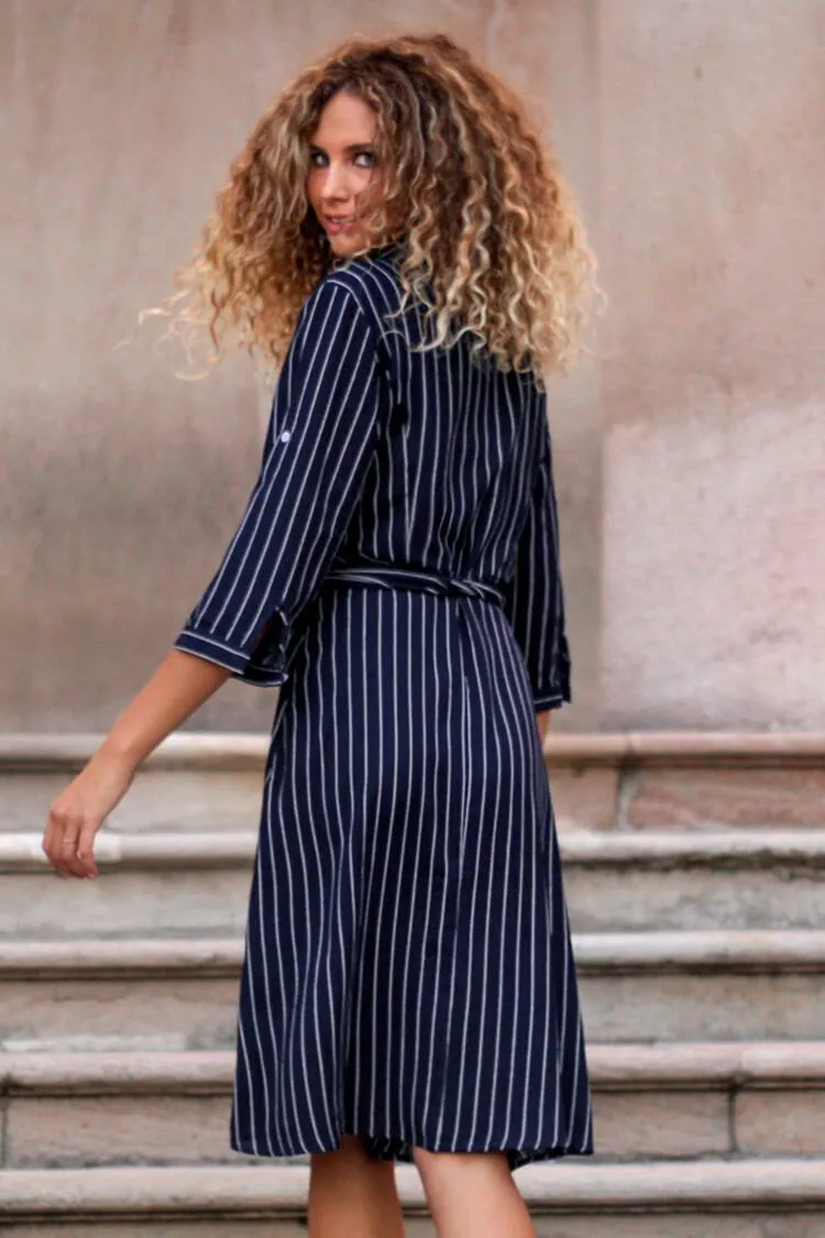 Navy Striped Belt Midi Dress