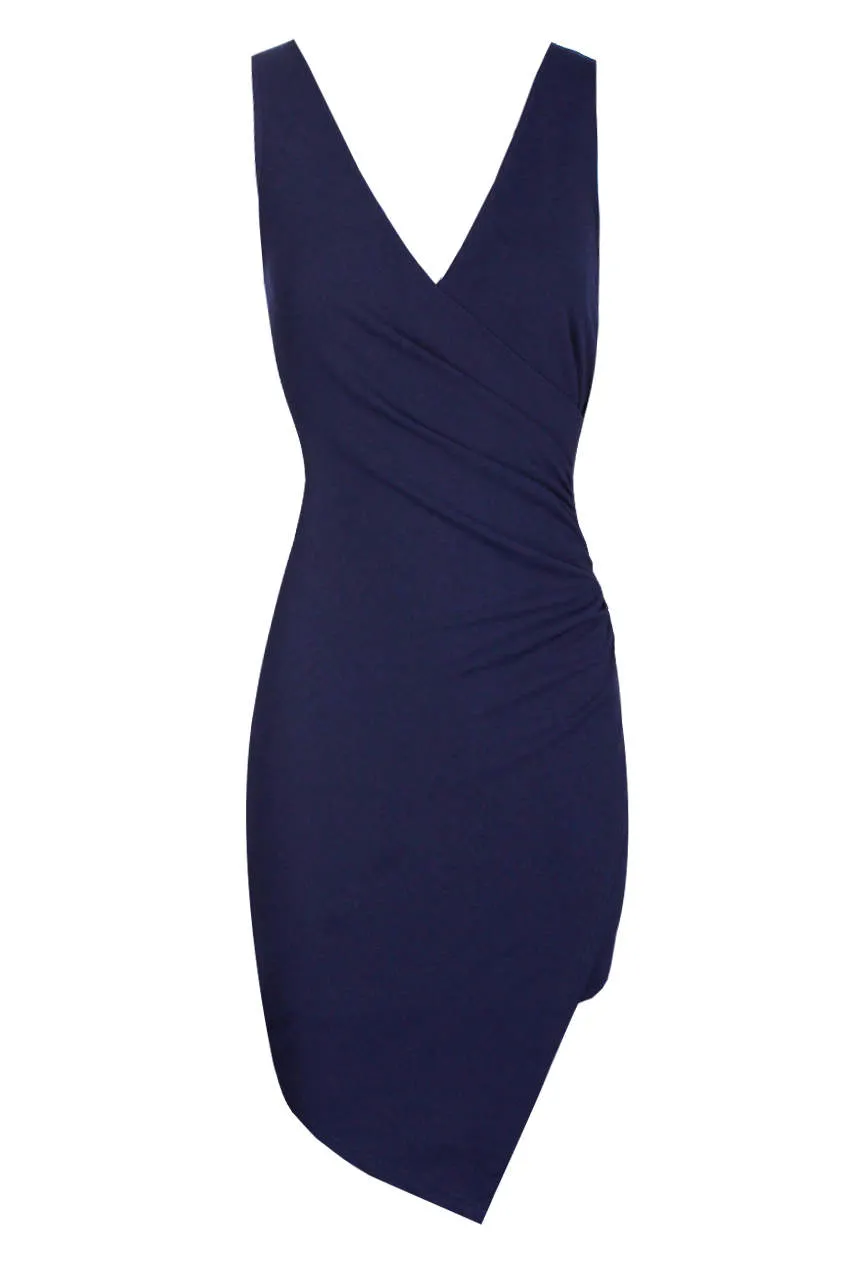 Navy V-Neck Wrap Skirt Dress