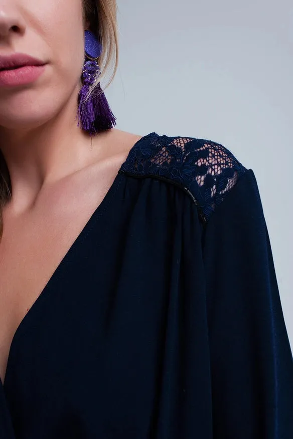 Navy Wrap Dress with Lace Detail