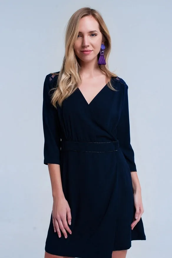 Navy Wrap Dress with Lace Detail