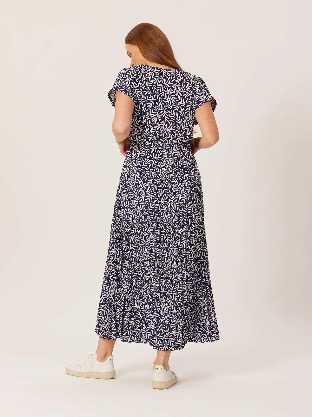 Nena - Pleated Dress - Navy Leaf Print