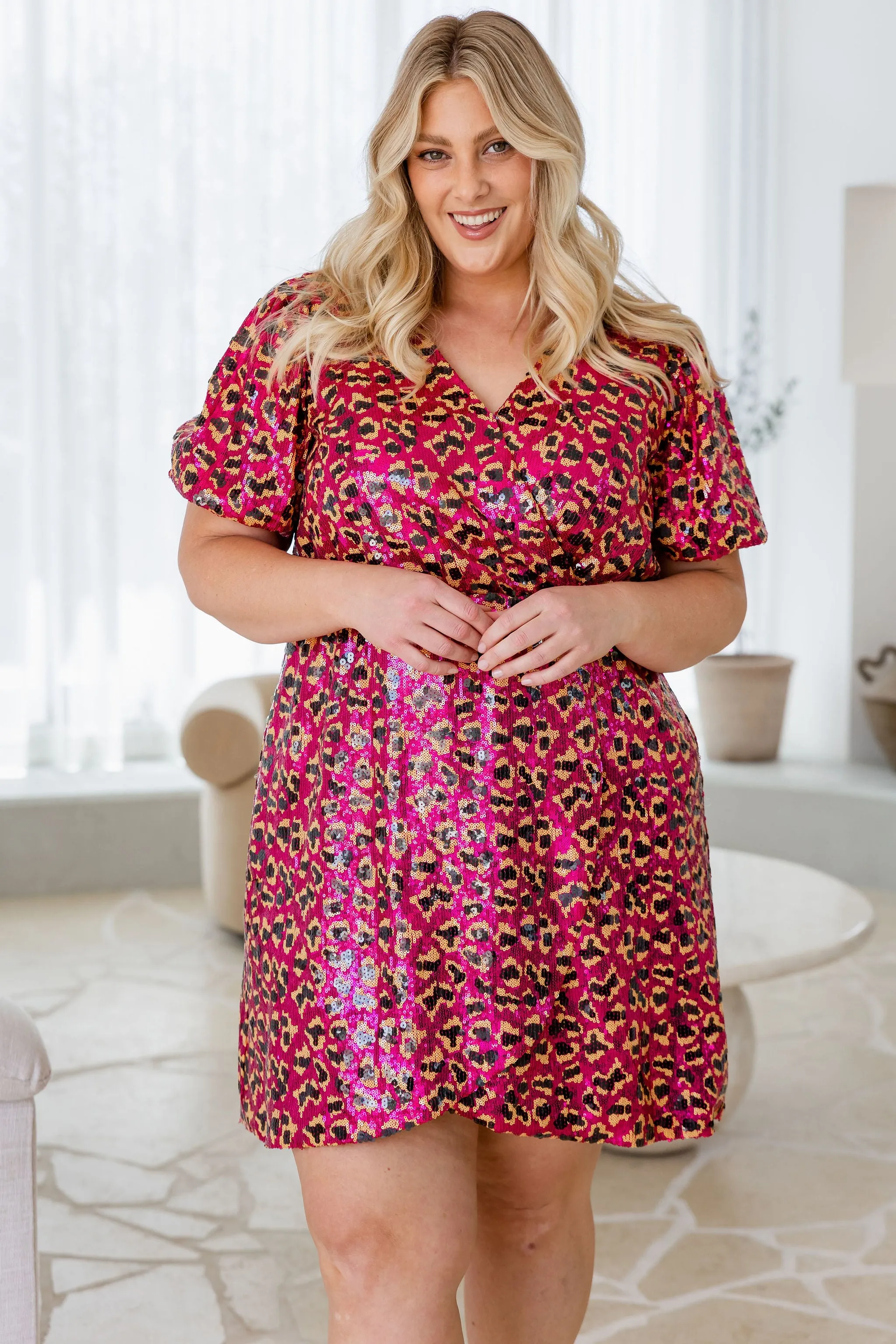 Nicolette Sequin Dress in Sparkly Leopard Pink