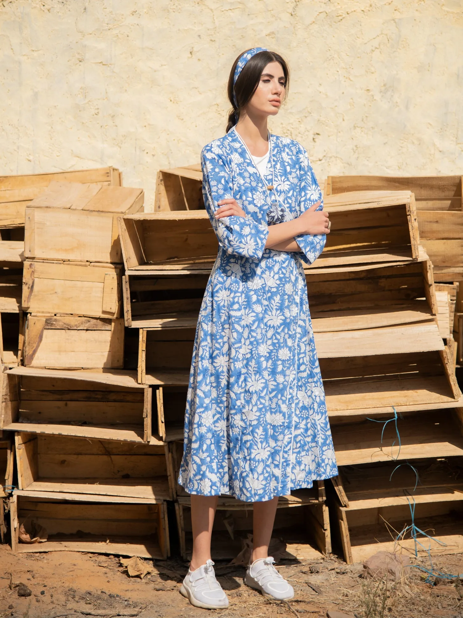 No More Blues Wrap Dress - Blue Hand Block Printed Cotton Wrap Dress
