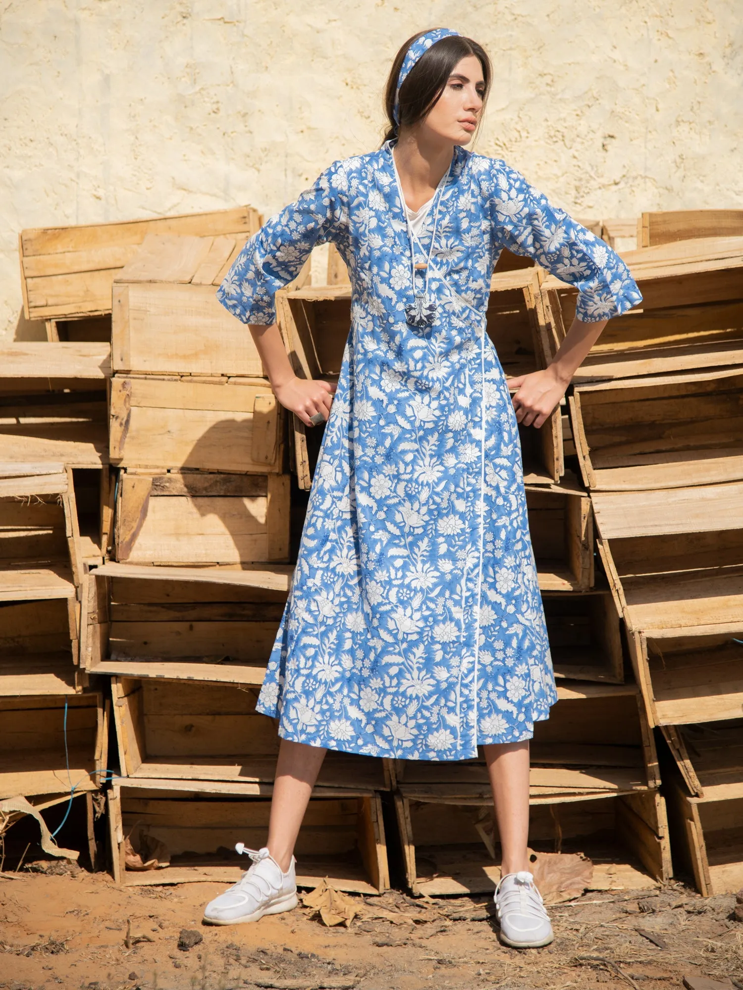No More Blues Wrap Dress - Blue Hand Block Printed Cotton Wrap Dress