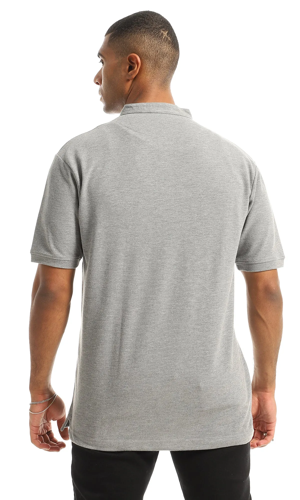 O154972 Pique Casual Upper Buttoned Henley Shirt - Light Grey