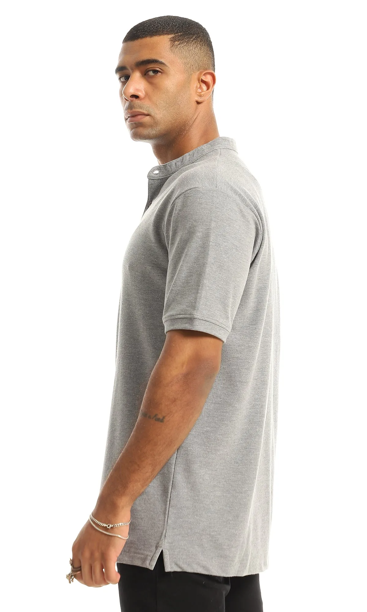 O154972 Pique Casual Upper Buttoned Henley Shirt - Light Grey
