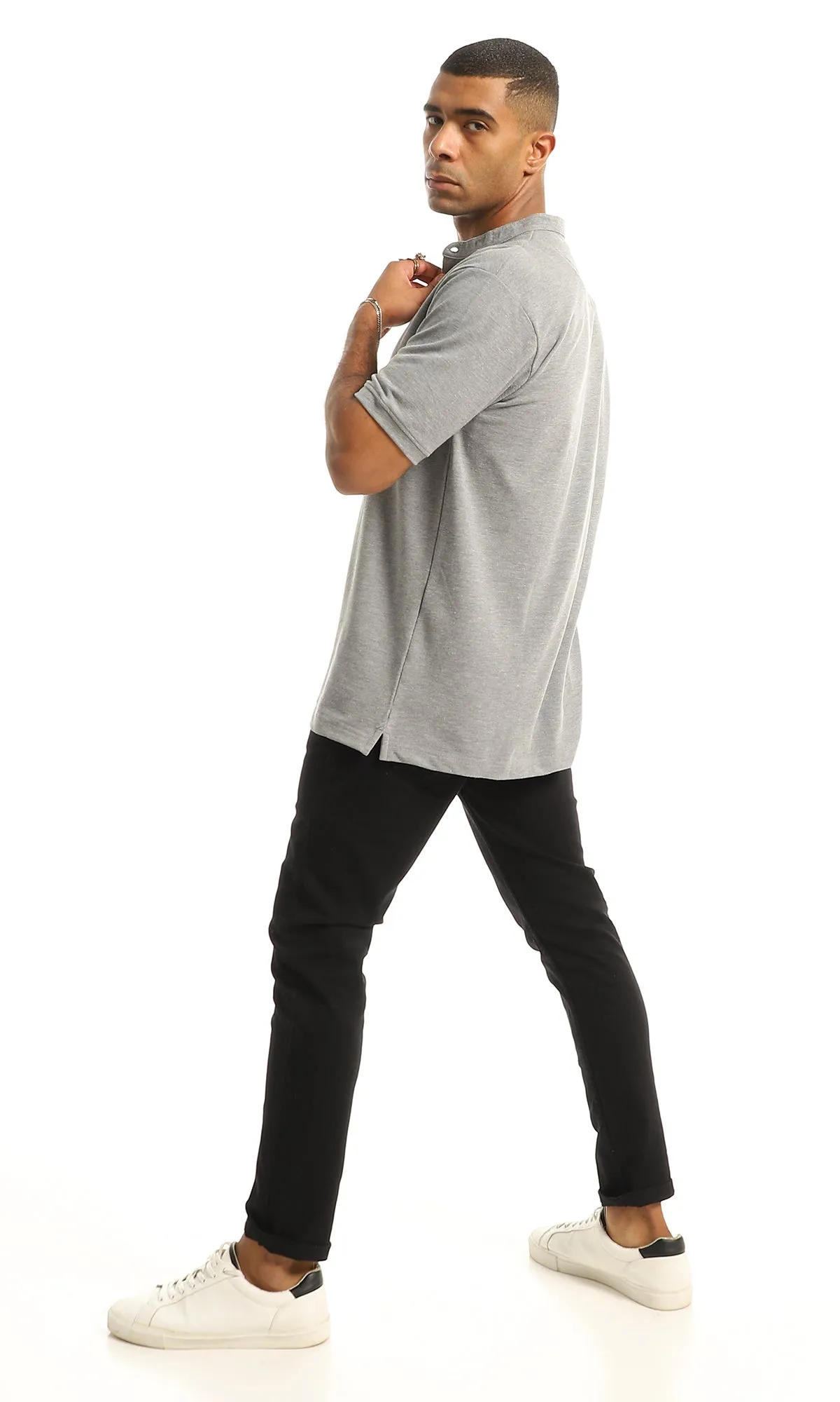 O154972 Pique Casual Upper Buttoned Henley Shirt - Light Grey