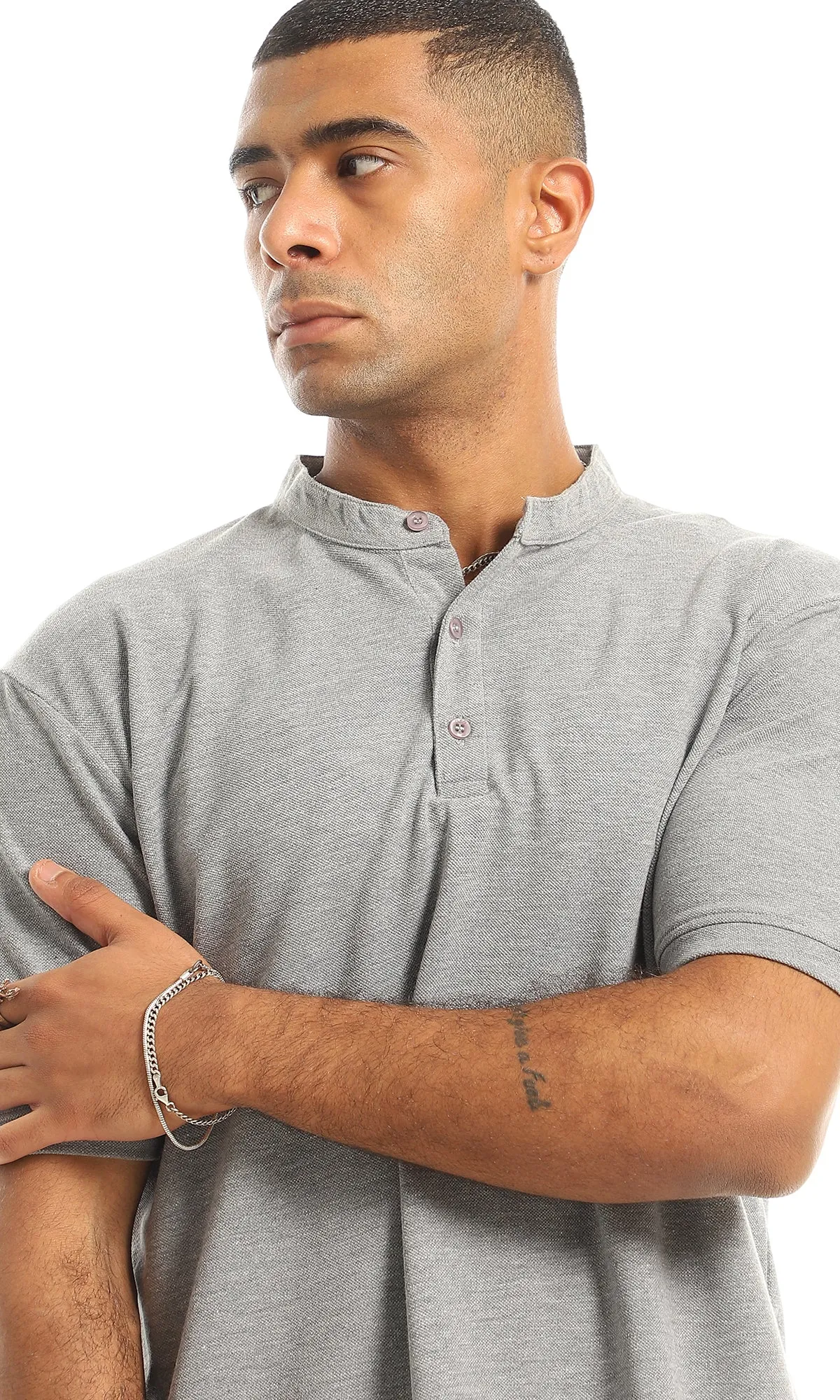 O154972 Pique Casual Upper Buttoned Henley Shirt - Light Grey