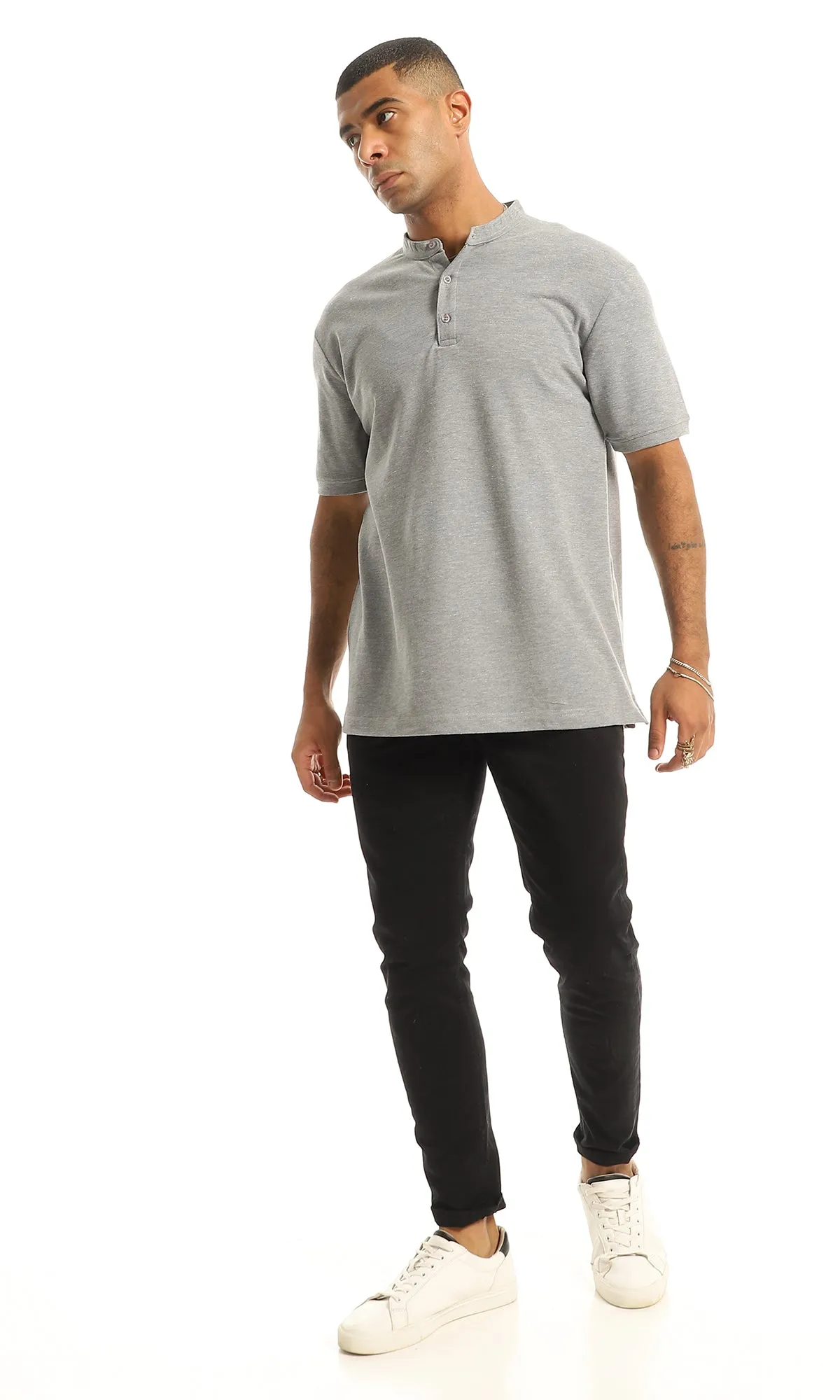 O154972 Pique Casual Upper Buttoned Henley Shirt - Light Grey