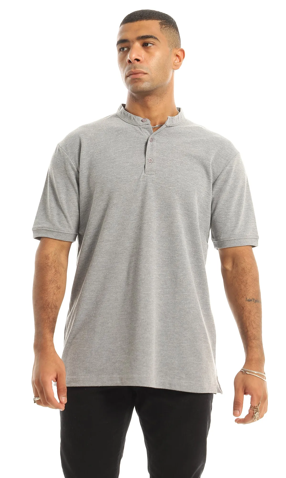 O154972 Pique Casual Upper Buttoned Henley Shirt - Light Grey