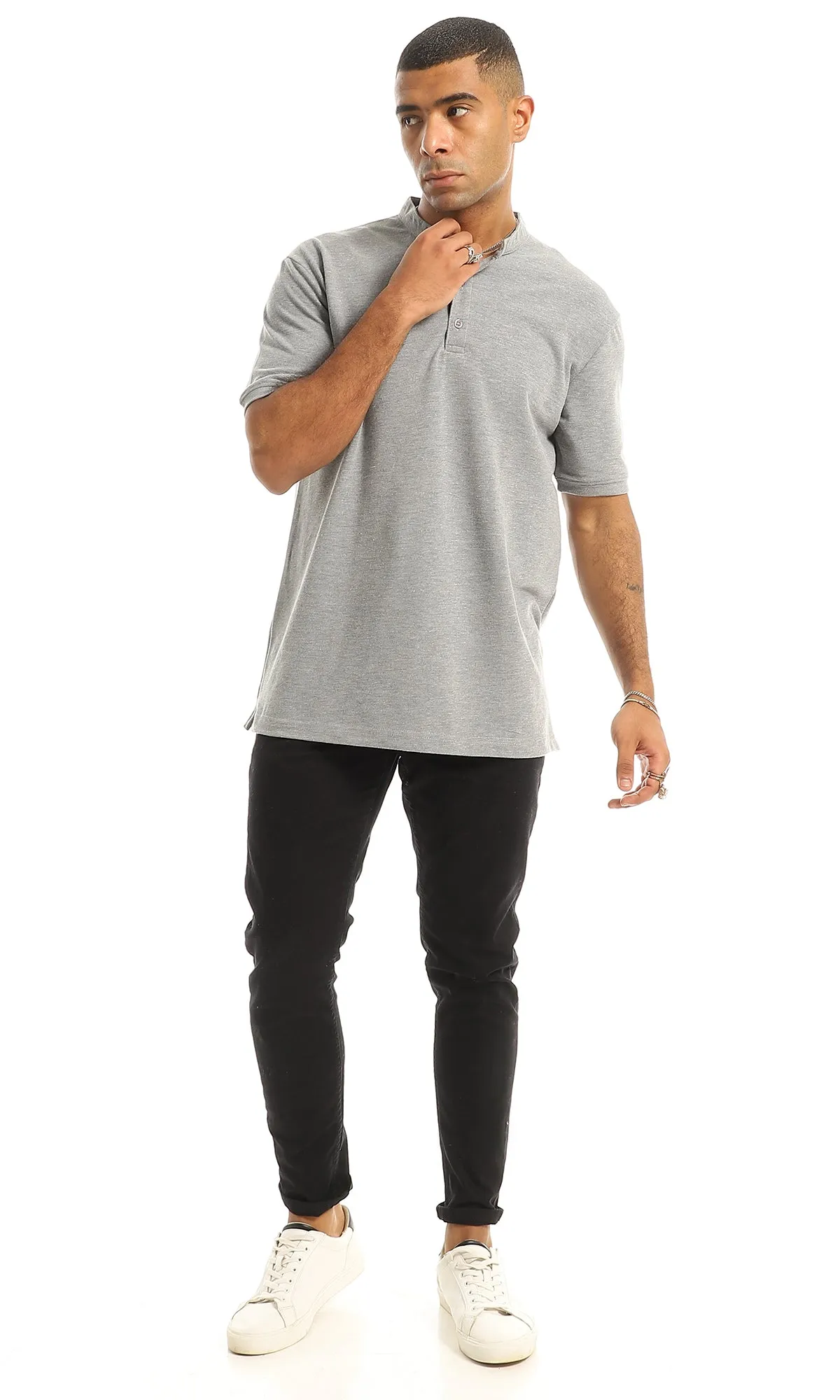 O154972 Pique Casual Upper Buttoned Henley Shirt - Light Grey