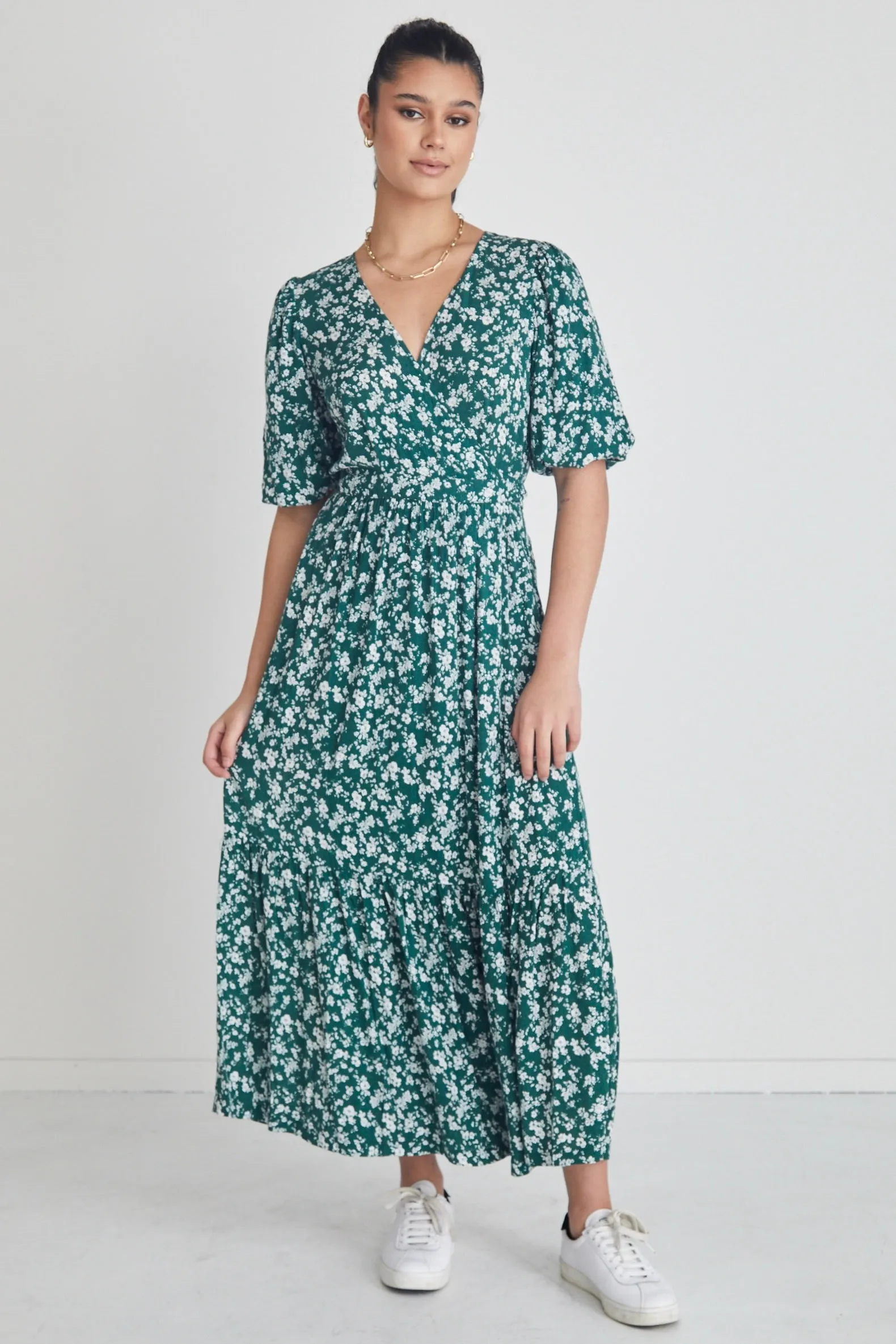 Ocean Green Ditsy Ss Wrap Midi Dress