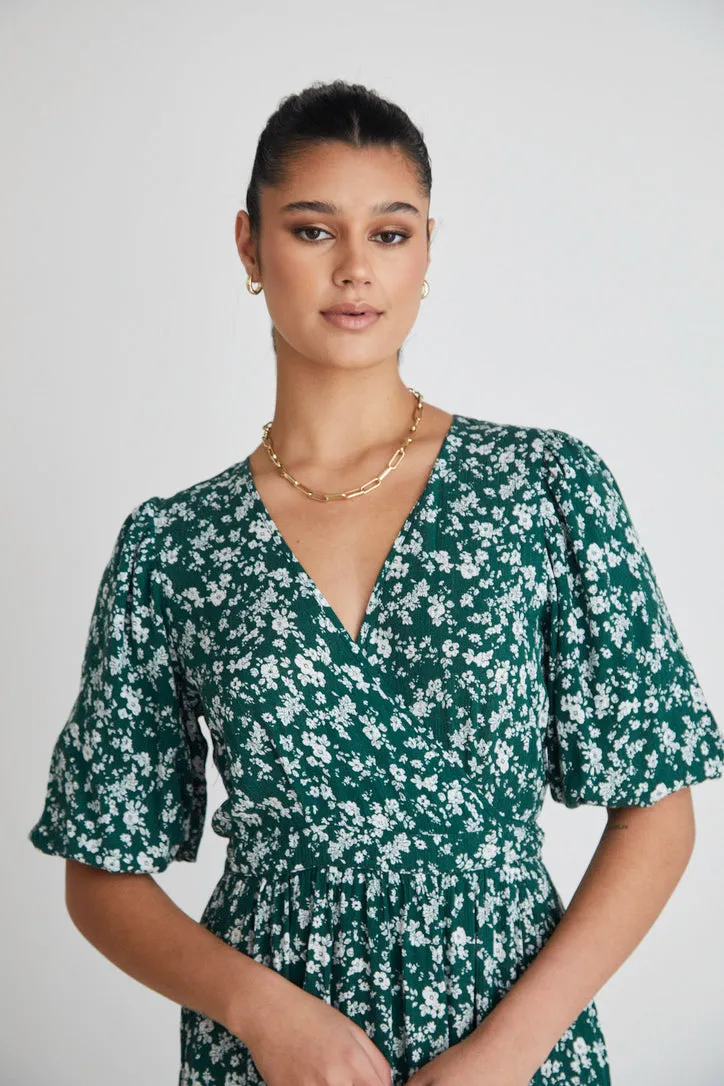 Ocean Green Ditsy Ss Wrap Midi Dress