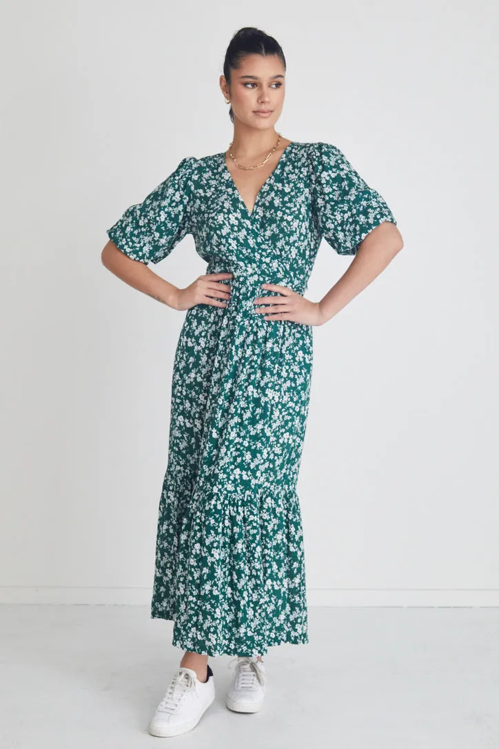 Ocean Green Ditsy Ss Wrap Midi Dress