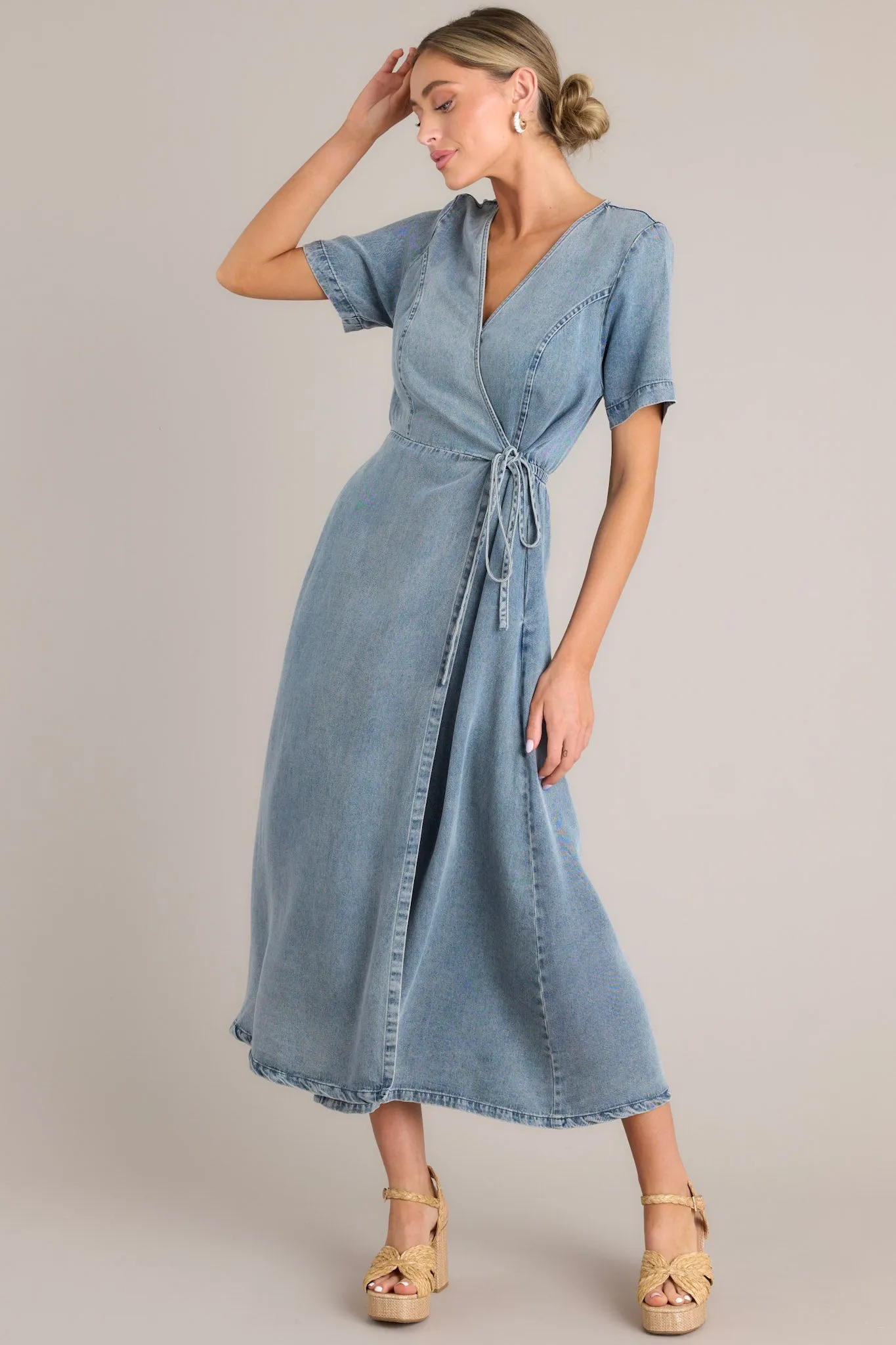 Odyssey Within Medium Wash Chambray Wrap Midi Dress