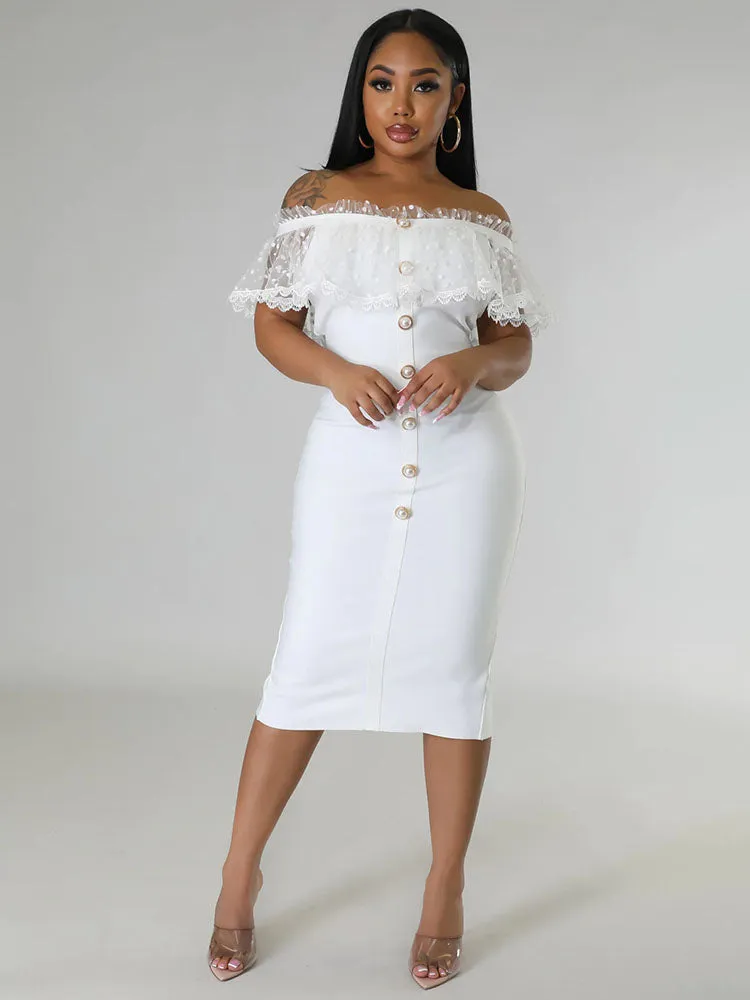 Off Shoulder Mesh Ruffle Split Midi Dress