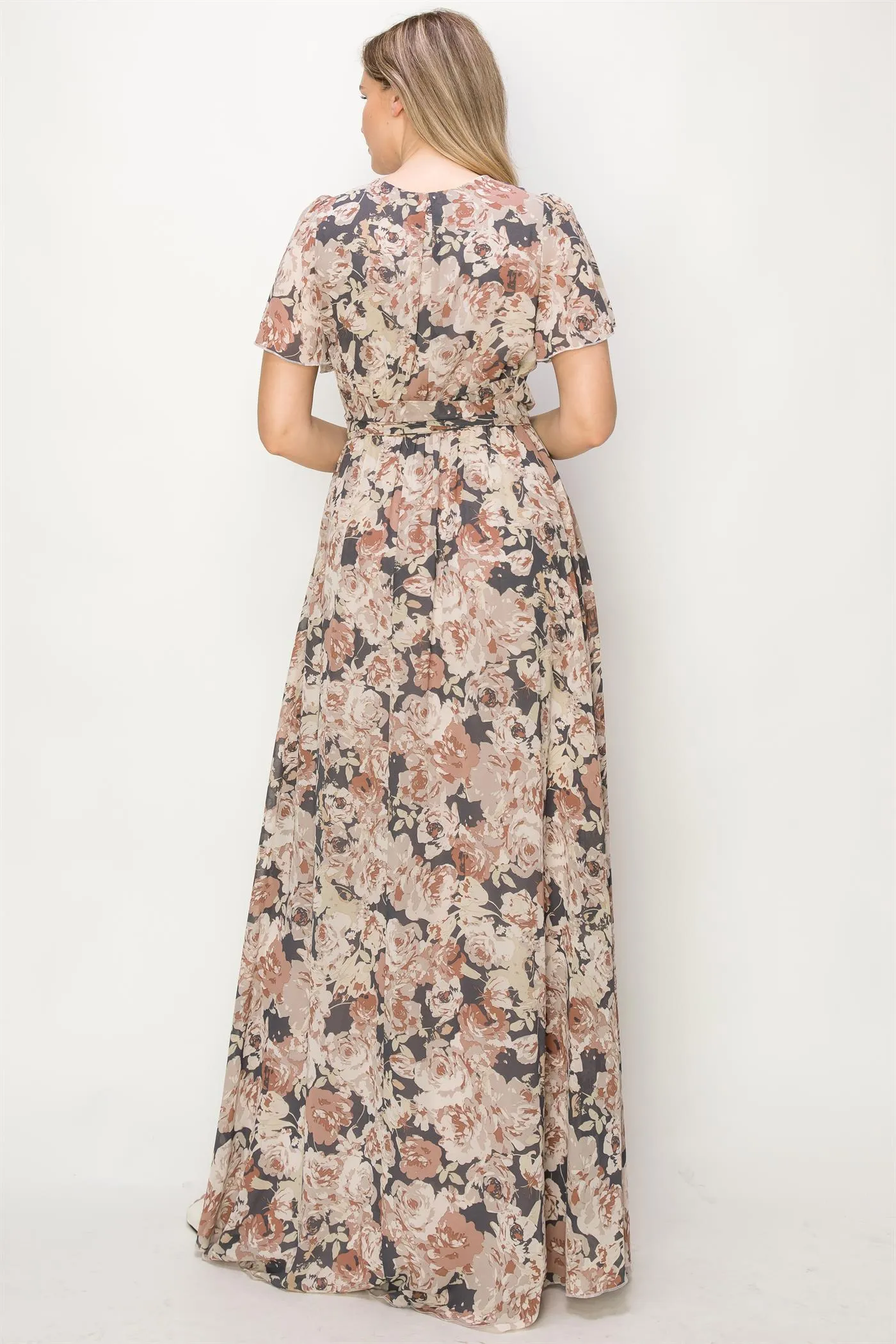 OL24A041-CHIFFON FLORAL WRAP FRONT SLIT MAXI DRESS