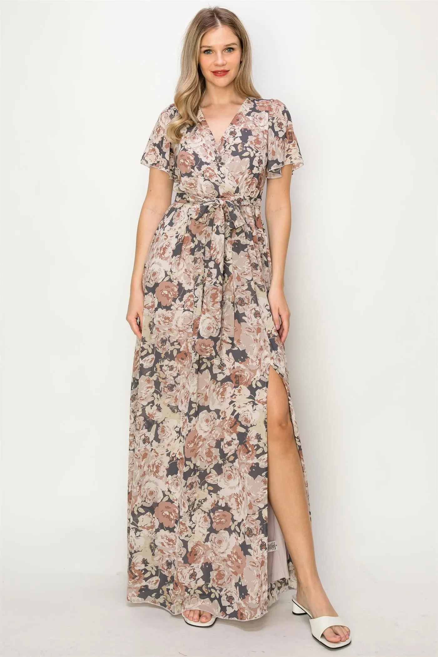 OL24A041-CHIFFON FLORAL WRAP FRONT SLIT MAXI DRESS