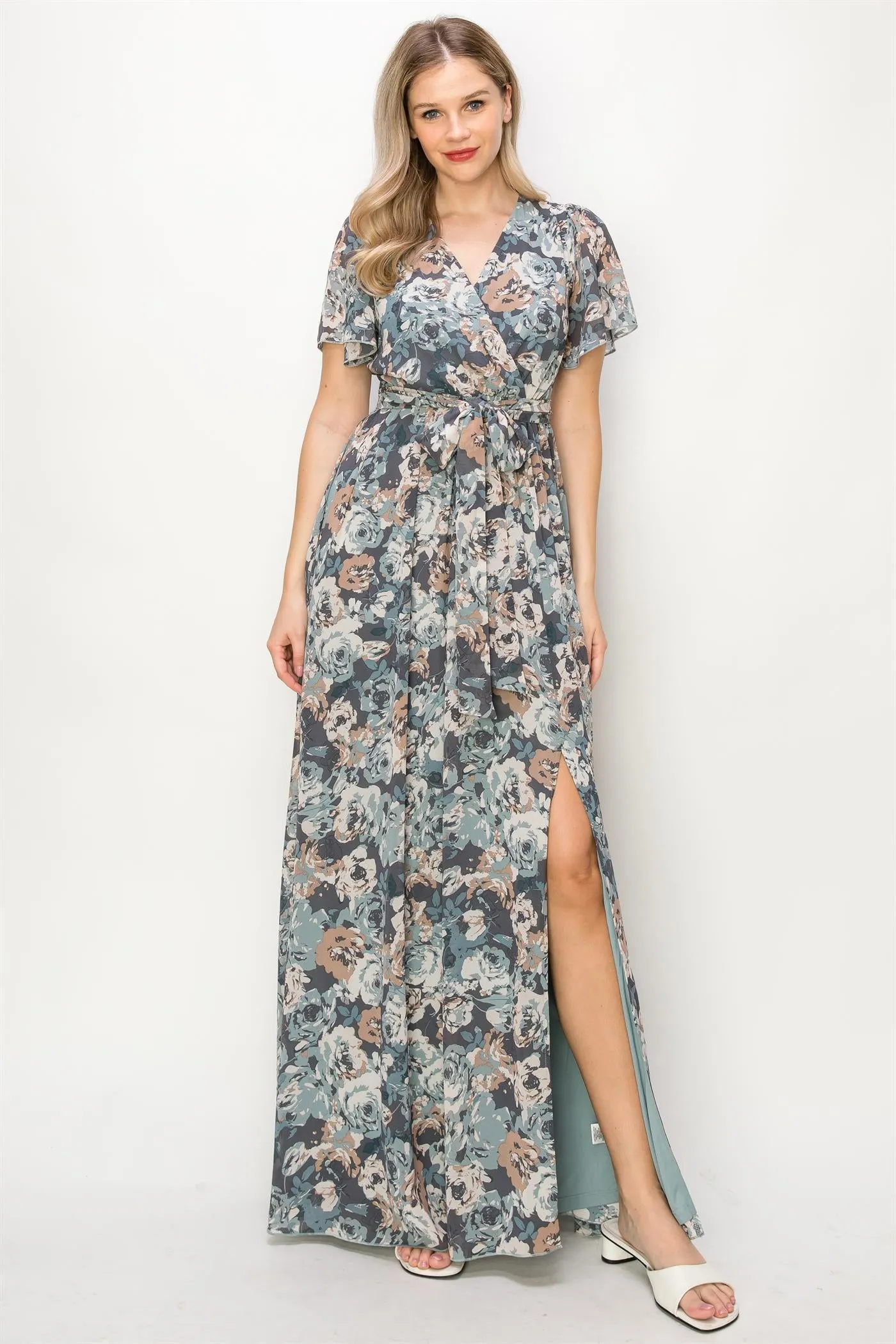 OL24A041-CHIFFON FLORAL WRAP FRONT SLIT MAXI DRESS
