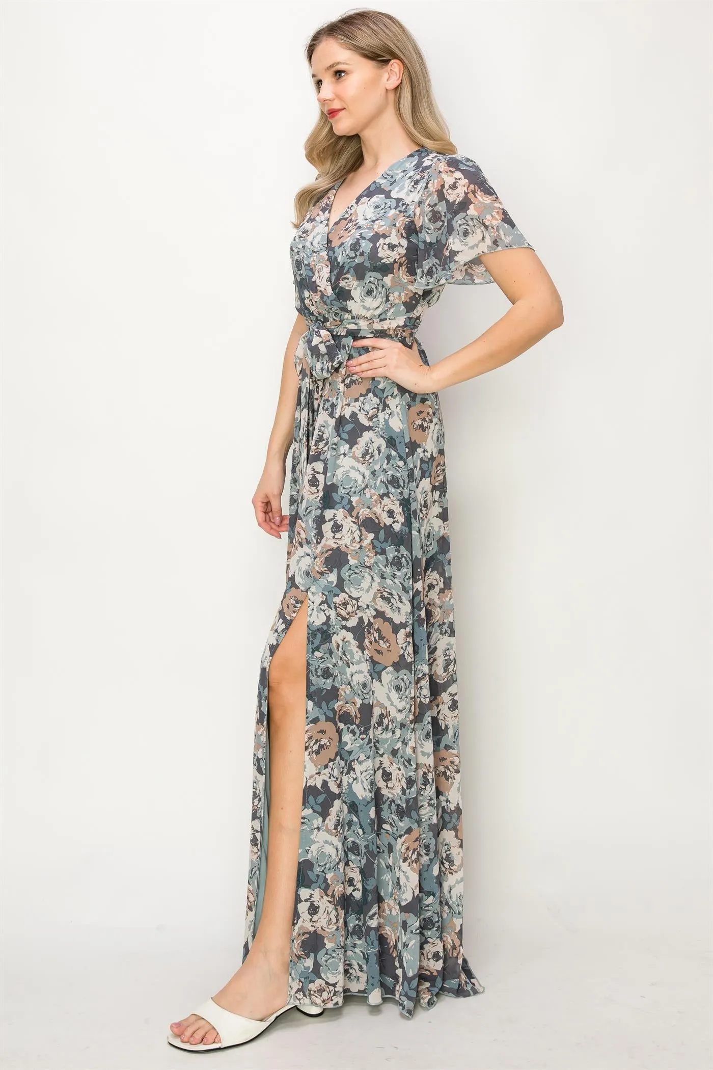 OL24A041-CHIFFON FLORAL WRAP FRONT SLIT MAXI DRESS