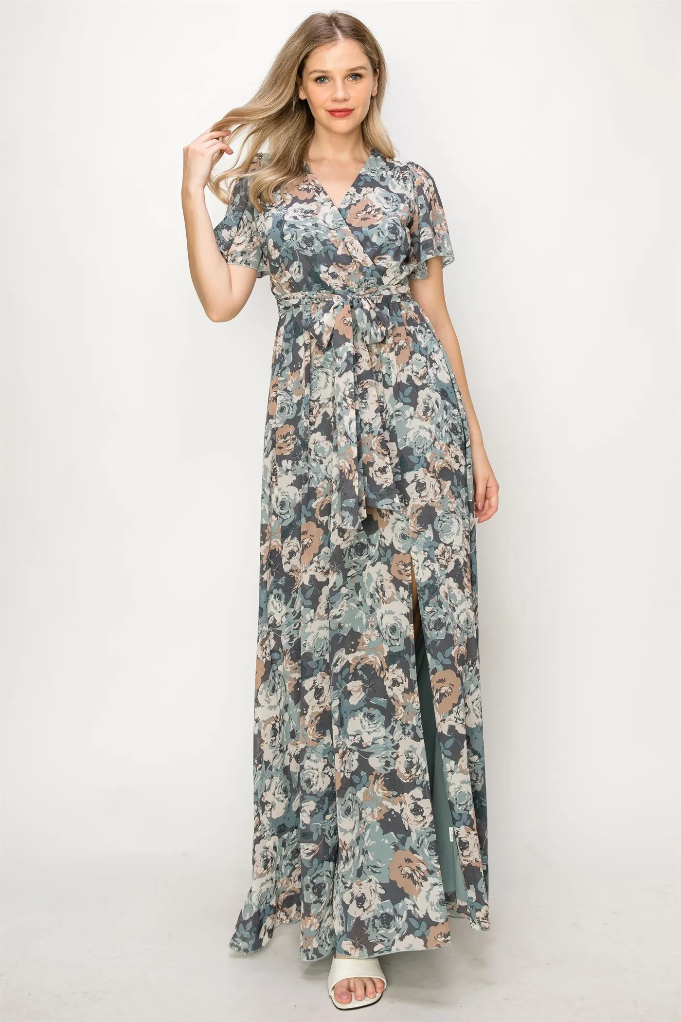 OL24A041-CHIFFON FLORAL WRAP FRONT SLIT MAXI DRESS