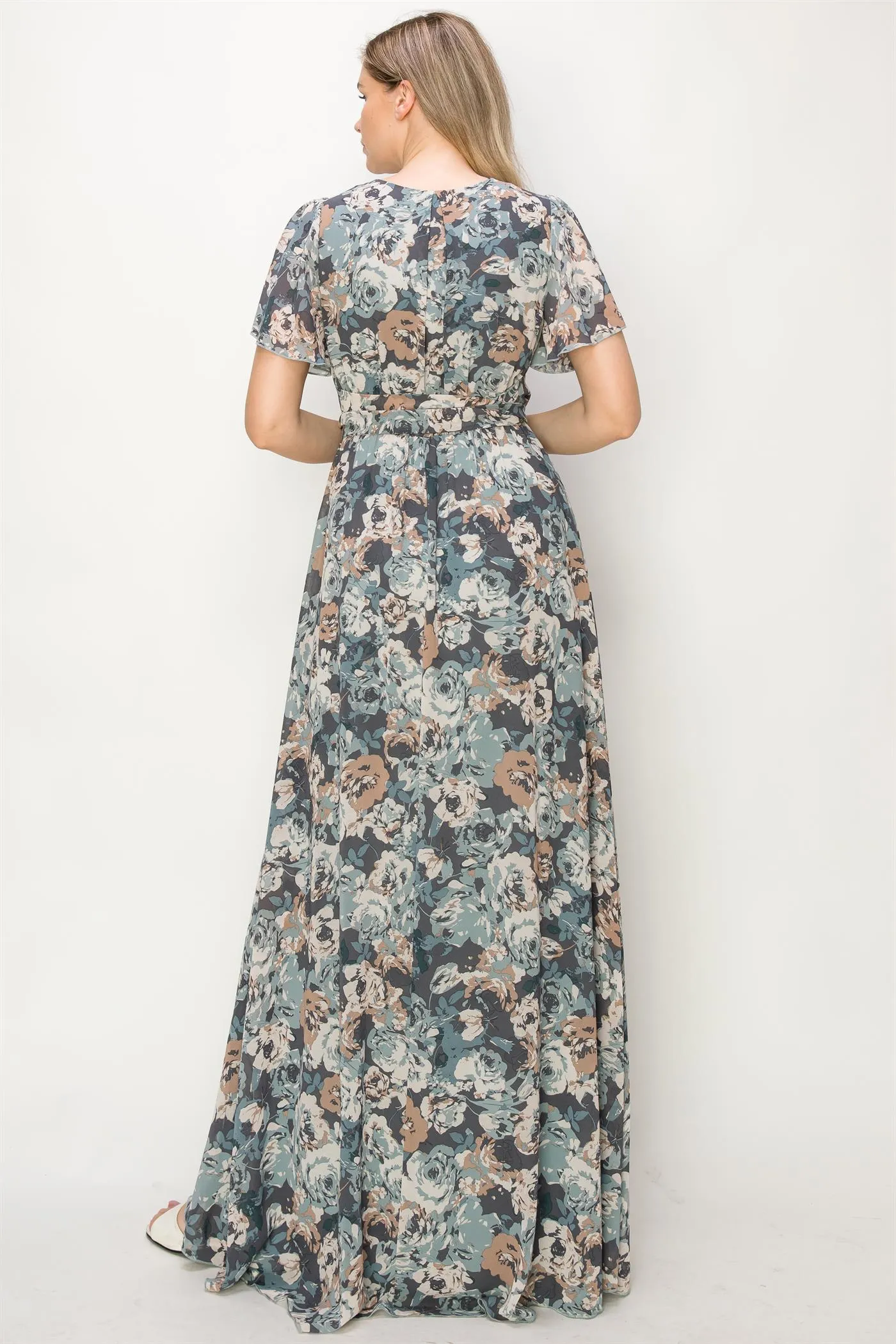 OL24A041-CHIFFON FLORAL WRAP FRONT SLIT MAXI DRESS
