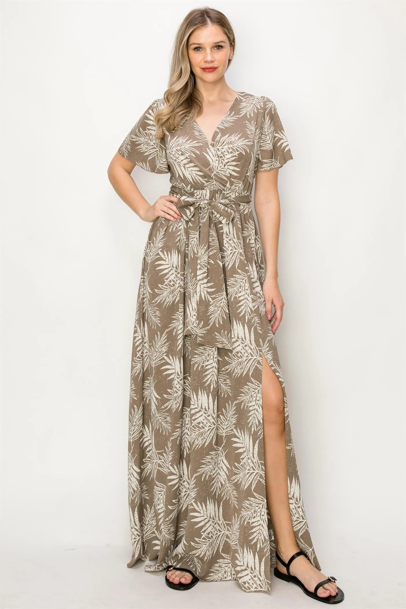 OL24A048-TROPICAL LEAF PRINT SLIT MAXI DRESS