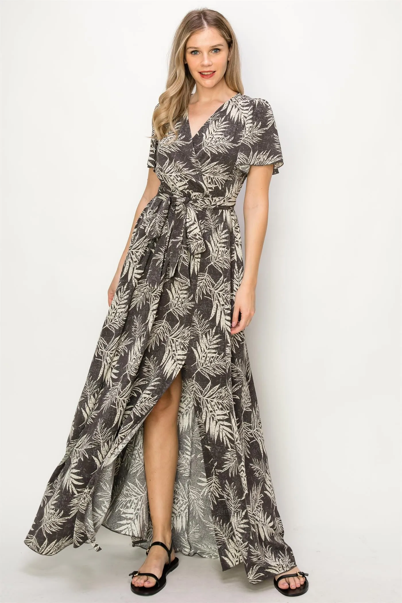 OL24A048-TROPICAL LEAF PRINT SLIT MAXI DRESS