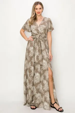 OL24A048-TROPICAL LEAF PRINT SLIT MAXI DRESS
