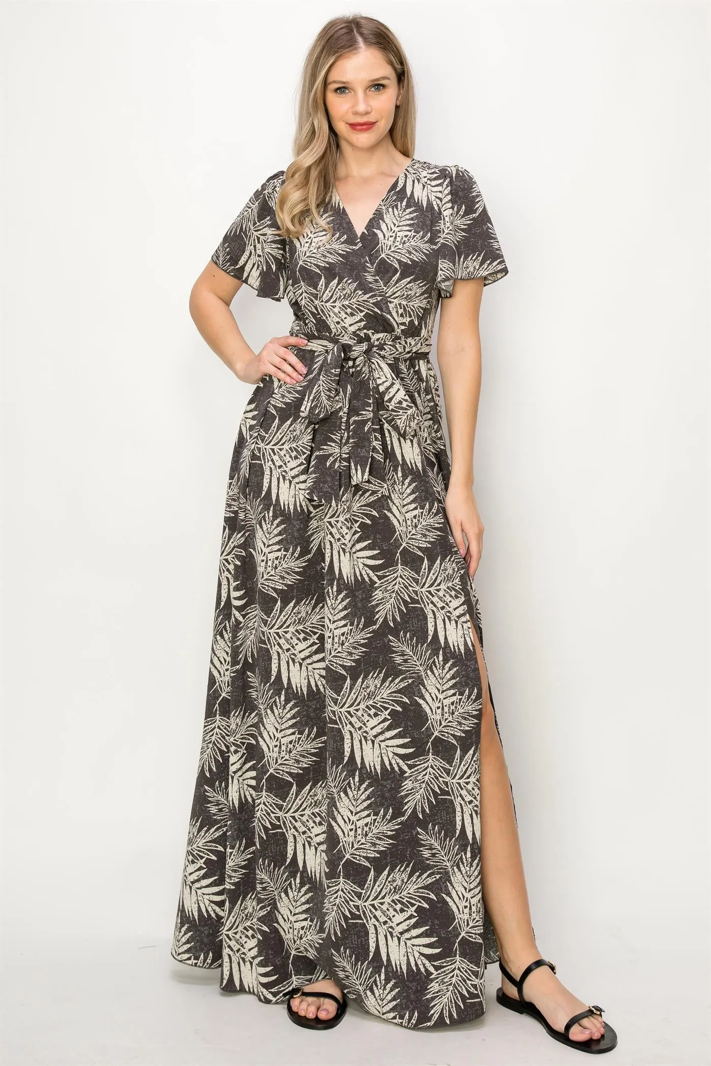 OL24A048-TROPICAL LEAF PRINT SLIT MAXI DRESS