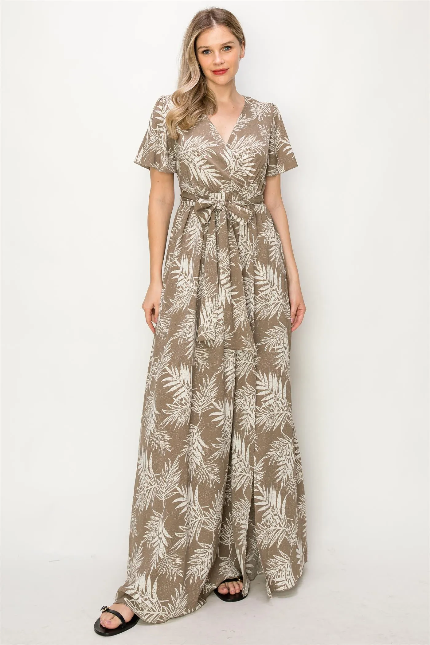OL24A048-TROPICAL LEAF PRINT SLIT MAXI DRESS