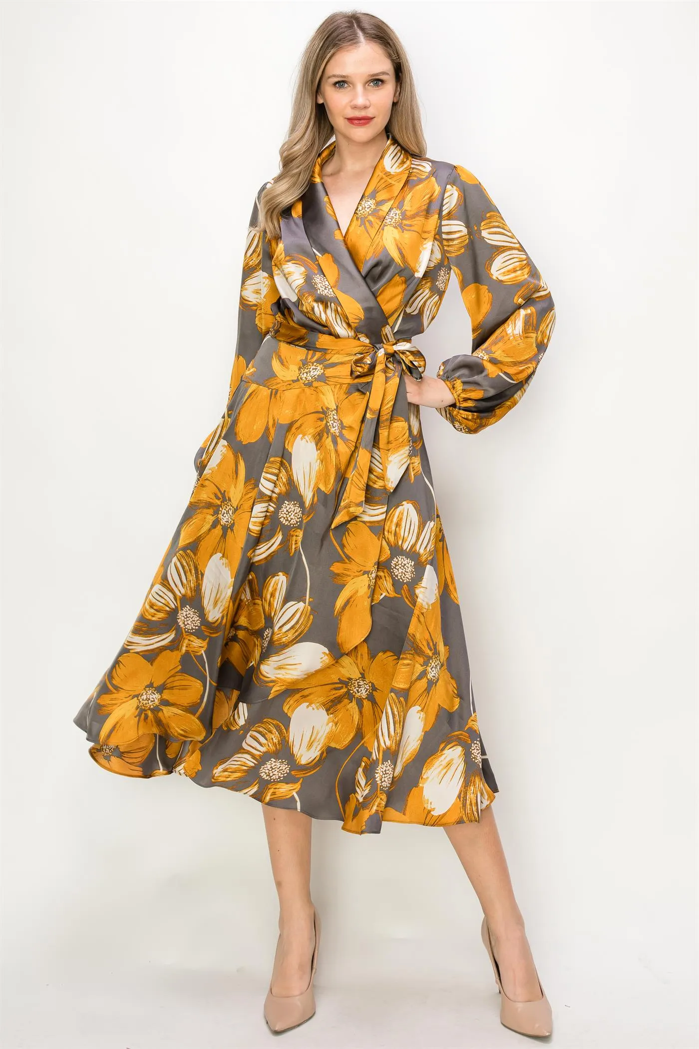OL24A130-LONG SLEEVE V-NECK WRAP MAXI DRESS