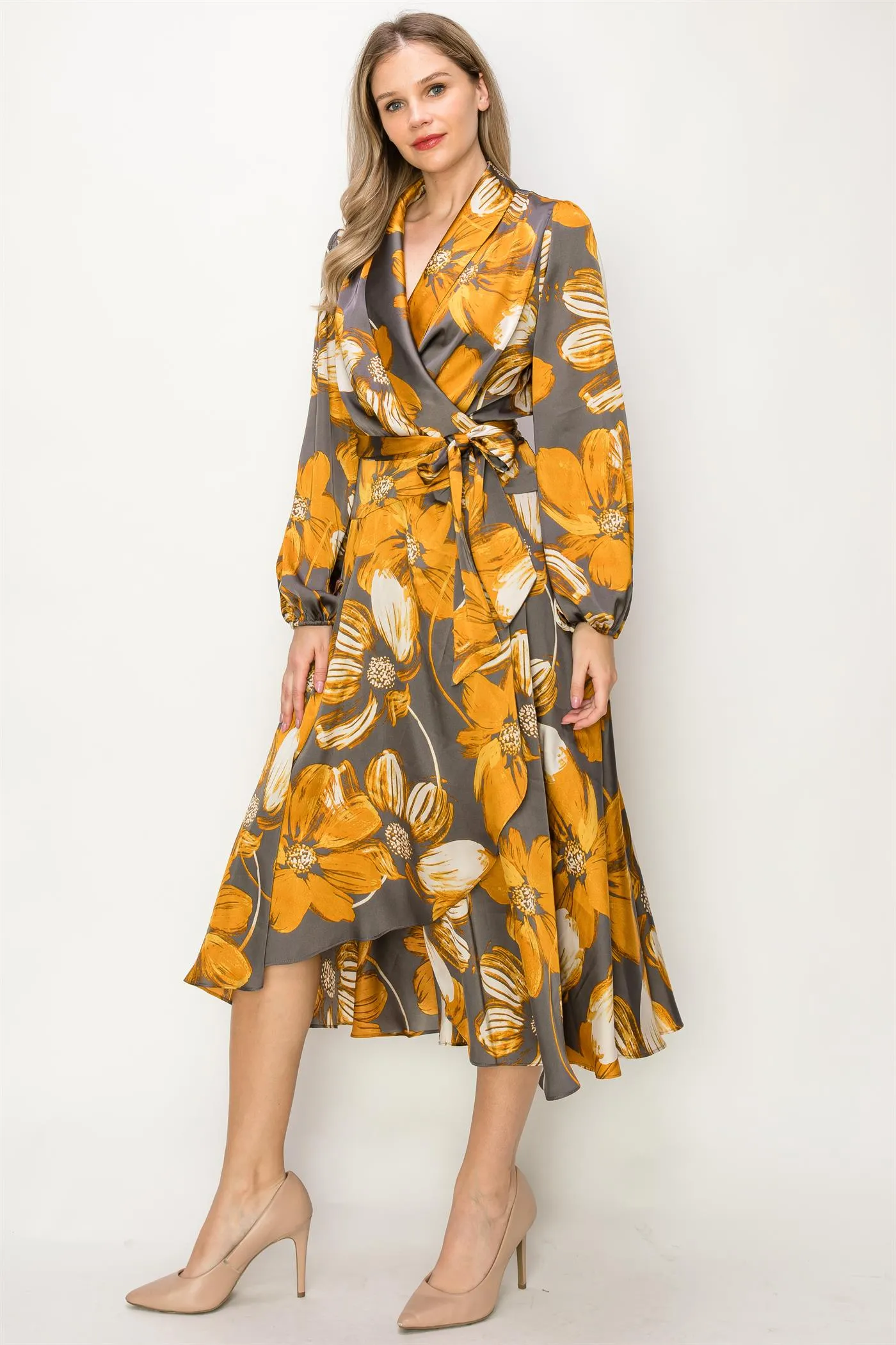 OL24A130-LONG SLEEVE V-NECK WRAP MAXI DRESS