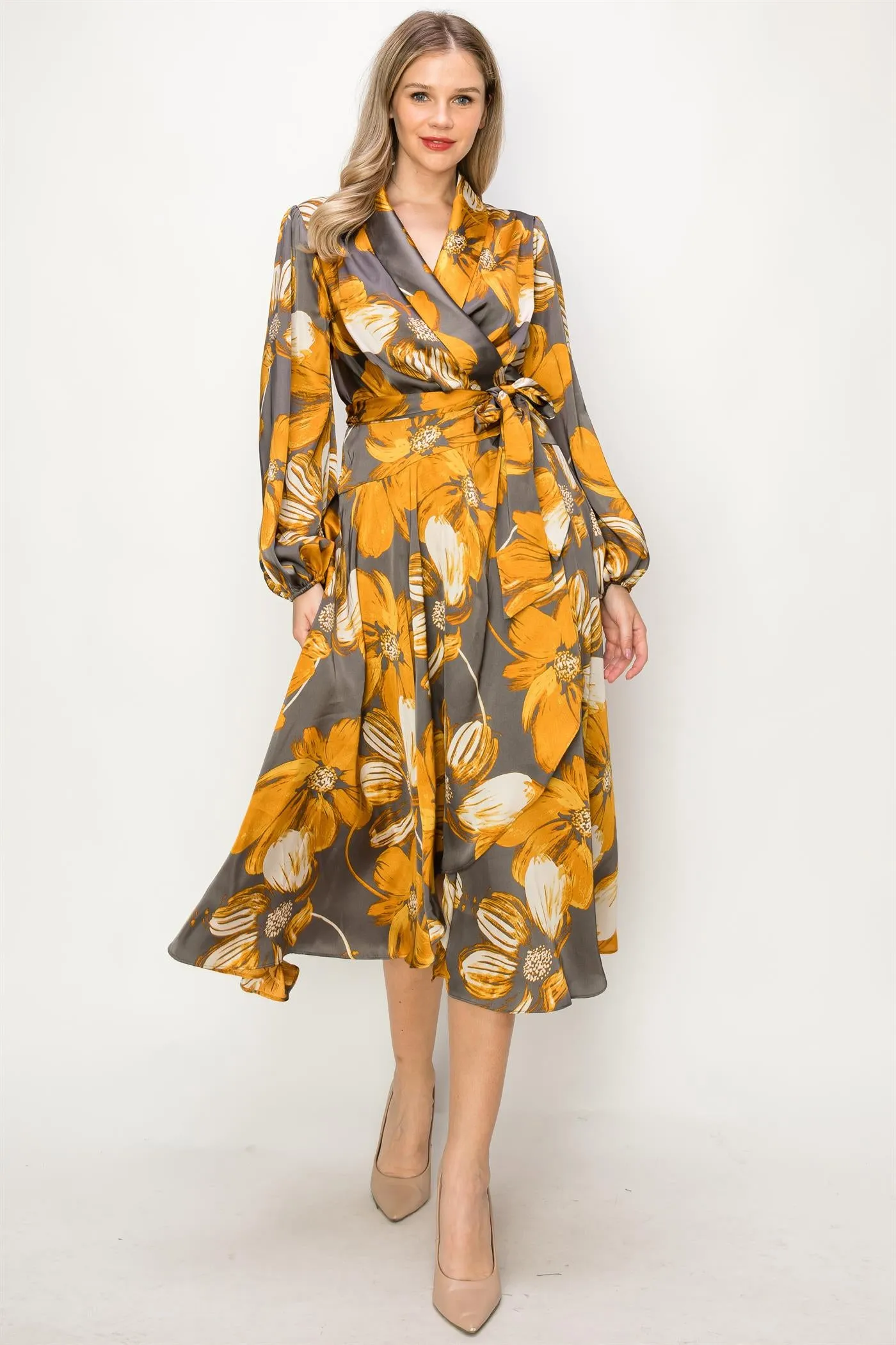 OL24A130-LONG SLEEVE V-NECK WRAP MAXI DRESS
