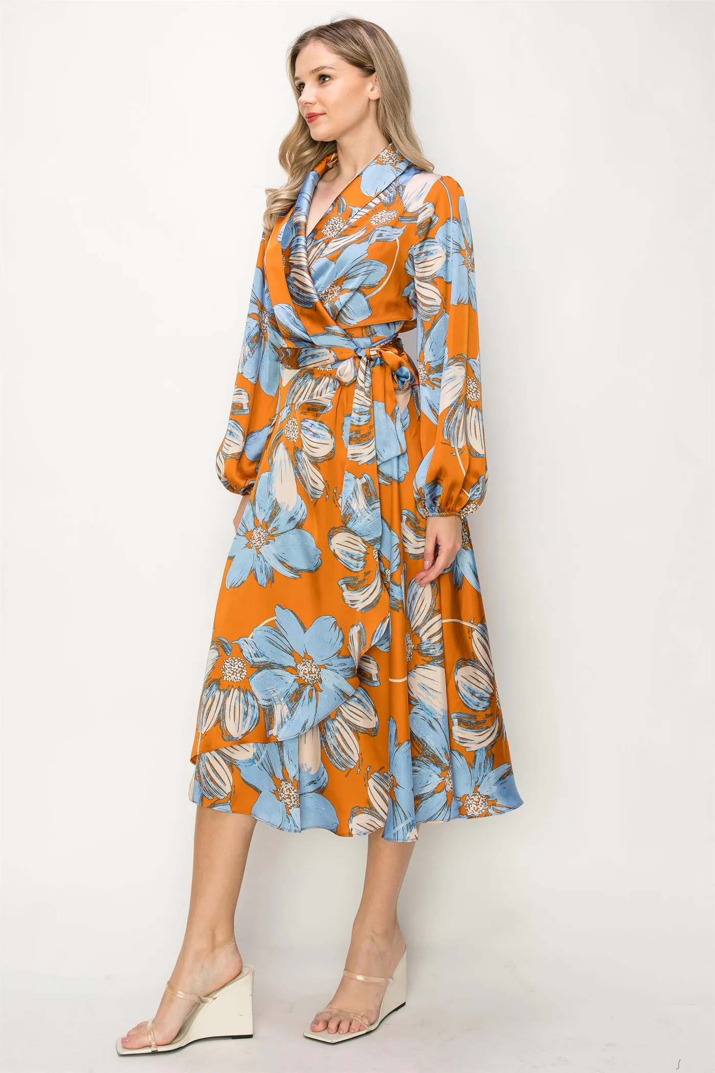 OL24A130-LONG SLEEVE V-NECK WRAP MAXI DRESS