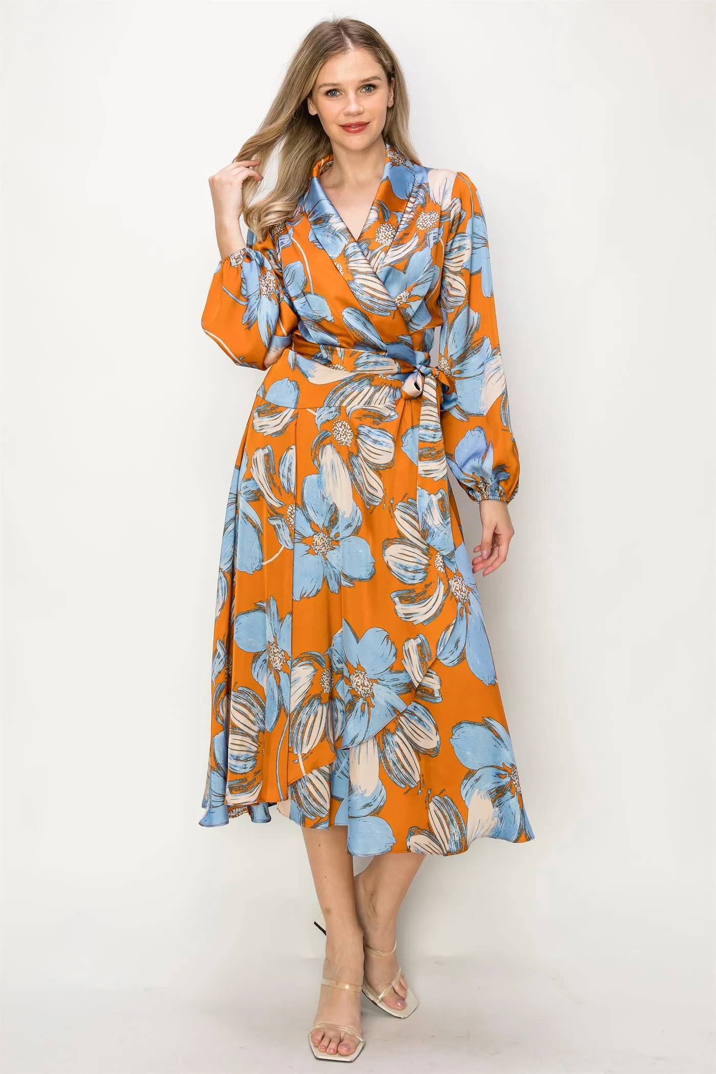 OL24A130-LONG SLEEVE V-NECK WRAP MAXI DRESS